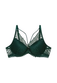 Ciemnozielony koronkowy biustonosz z fiszbinami, z wzorem kwiatowym, falbaniastymi brzegami oraz krzyżującym się z tyłu designem. Miękka, teksturowana tkanina.