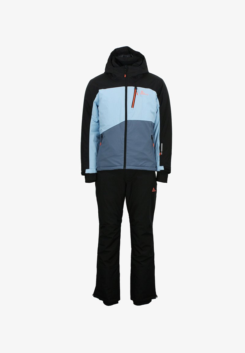 Ensemble de vêtements de ski composé d'une veste et d'un pantalon dans des tons de bleu clair, gris foncé et noir. Il est doté d'une fermeture éclair à l'avant, d'une capuche réglable et de plusieurs poches avec des accents orange.