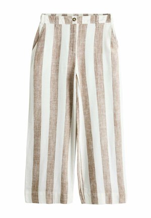 Hoch taillierte, weit geschnittene Hose mit vertikalen beige-weißen Streifen, vorderer Knopf- und Reißverschluss sowie seitlichen Taschen.