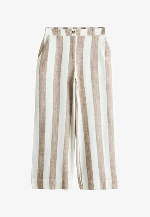 Vysoký pás široké nohavice s vertikálnymi béžovými a bielymi pruhmi, zapínanie na gombíky a zips vpredu a bočné vrecká.
