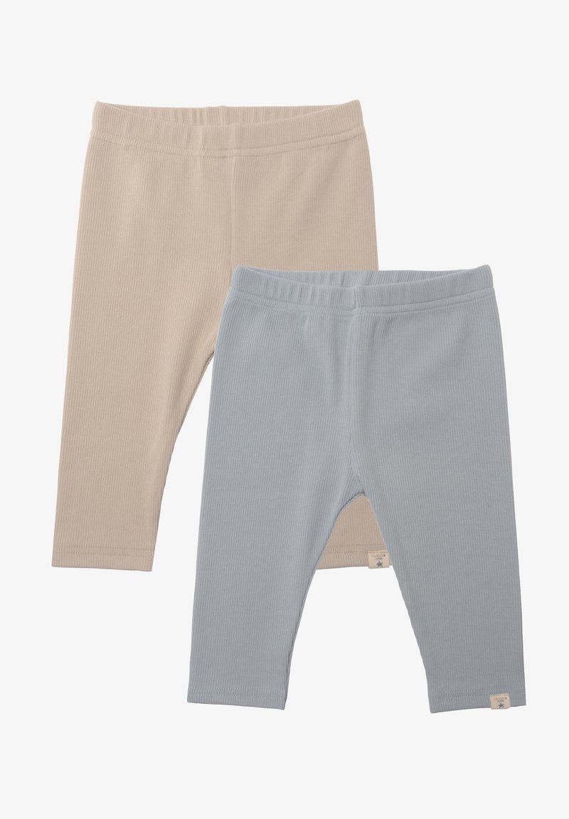 Zwei Paar gerippte Leggings in Beige und Hellblau. Das beiger Paar ist größer, beide haben elastische Taillenbunde und kleine Etiketten am Saum.