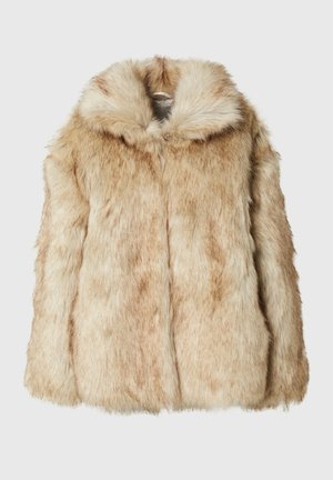 Faux fur-jakke i lys beige med en myk, tett tekstur, som har hette og vide ermer. Glatt finish med en fluffy utseende.