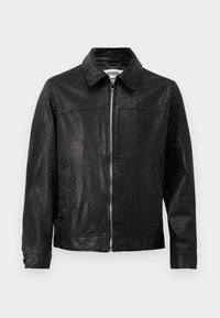 Black leather jacket with a collared neckline, front zipper, and side pockets. Smooth texture with minimal stitching details.