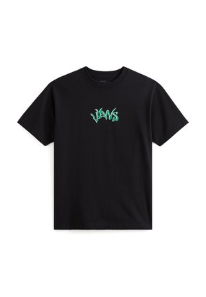Schwarzes T-Shirt aus Baumwolle mit grünem Schriftzug "VANS" in einer stilisierten Schrift auf der Vorderseite, kurzen Ärmeln und Rundhalsausschnitt.