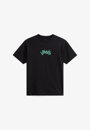 T-shirt en coton noir avec un texte graphique vert "VANS" en police stylisée sur le devant, manches courtes et col rond.