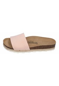 Pink leather slide sandal with a cork footbed and woven jute midsole. Features a flat rubber outsole for grip and comfort.