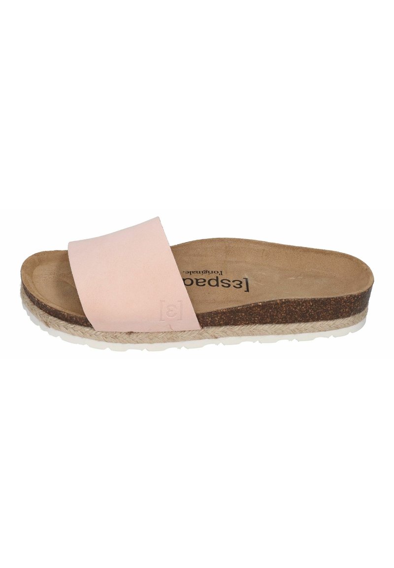 Pink leather slide sandal with a cork footbed and woven jute midsole. Features a flat rubber outsole for grip and comfort.