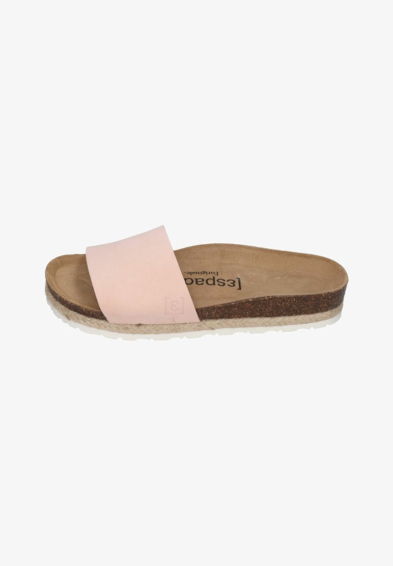 Pink leather slide sandal with a cork footbed and woven jute midsole. Features a flat rubber outsole for grip and comfort.
