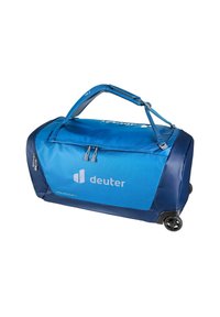 Borsa a tracolla blu con accenti blu navy, scomparti con zip e ruote per la mobilità. Presenta un logo e una texture di stoffa resistente.