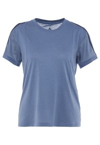 Modré atletické tričko vyrobené z jemné látky, s krátkými síťovinovými rukávy, kulatým výstřihem a minimalistickým designem s jemnými švy.