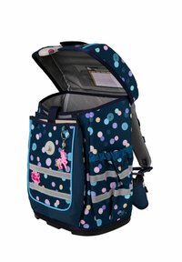 Sac à dos bleu marine avec des pois colorés, rabat supérieur et poche frontale. Doté d'un charm en forme de licorne rose et de bandes réfléchissantes pour plus de visibilité.