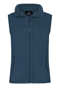 Dunkelblauer Fleece-Weste mit hohem Kragen, durchgehendem Reißverschluss und zwei seitlichen Reißverschlusstaschen, mit einer weichen, strukturierten Oberfläche.