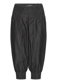 Pantalons noirs, légers, avec une taille froncée et des poignets froncés. Texture lisse avec une coupe ample et un léger éclat.