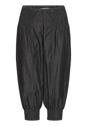 Pantalons noirs, légers, avec une taille froncée et des poignets froncés. Texture lisse avec une coupe ample et un léger éclat.