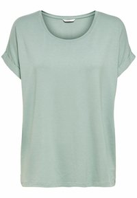 T-shirt vert clair à manches courtes en tissu doux ; possède un col rond et des manches retroussées ; coupe décontractée avec une texture lisse.