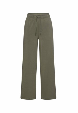 Løse sweatpants i olivengrøn med elastisk taljebånd og justerbar snor, lige brede ben, ingen synlige lommer eller mønstre.