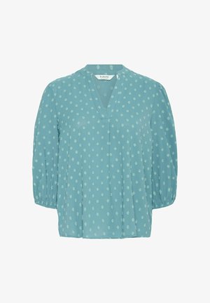 Svijetloplava bluzica s V-izrezom, složenim uzorkom s točkicama i balon rukavima. Napravljena od mekog materijala s opuštenim, lepršavim krojem.