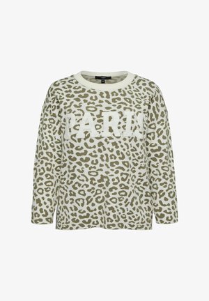 Leopardmönstrad tröja i olivgrön och kräm, med en texturerad "PARIS" applikation på framsidan, rund halsringning och långa ärmar.