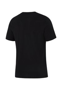Schwarzes T-Shirt mit kurzen Ärmeln, rundem Halsausschnitt und glattem Baumwollstoff. Die Rückseite ist schlicht ohne Muster oder Grafiken.
