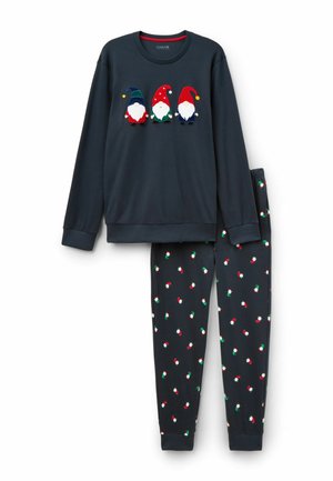 Marineblaues Loungewear-Set mit einem Sweatshirt mit Rundhalsausschnitt und drei applizierten Gnomen sowie passenden Hosen mit verstreuten Gnomengrafiken.