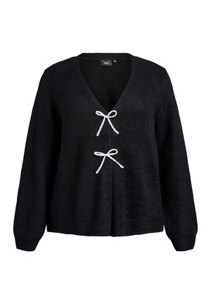Pull en tricot noir avec un décolleté en V profond, des manches longues et deux accents de nœud blanc sur la poitrine. Texture douce avec une bordure côtelée.