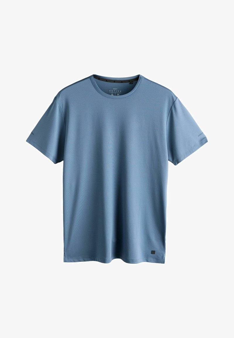 T-shirt de sport bleu clair à manches courtes et col rond, en tissu texturé subtil, présenté à plat sur un fond blanc.
