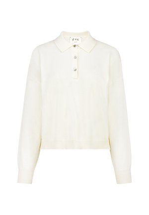 Crèmekleurige gebreide trui met een kraaghalslijn, een placket met drie knopen en geribde manchetten. Kenmerkt zich door een relaxte, cropped pasvorm.