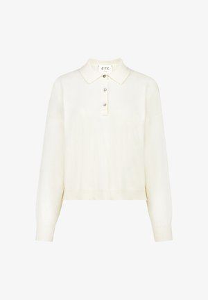 Crèmekleurige gebreide trui met een kraaghalslijn, een placket met drie knopen en geribde manchetten. Kenmerkt zich door een relaxte, cropped pasvorm.