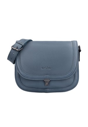 Blaue Ledercrossbodytasche mit verstellbarem Riemen, Klappverschluss und kleiner Metallschnalle vorne in der Mitte.