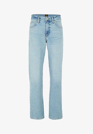 Hellblaue gerade geschnittene Jeans aus Denim mit hoher Taille, fünf Taschen und einem Knopfverschluss vorne.