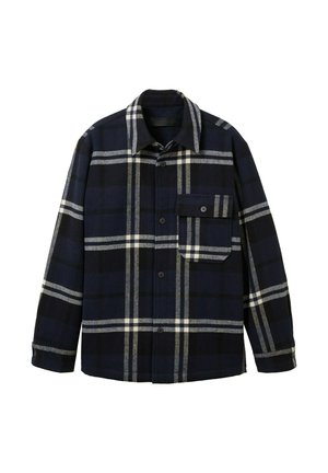 Marine kariertes Hemd aus Flanell mit weißen und grauen Streifen. Verfügt über einen Kragen, eine Knopfleiste und eine Brusttasche. Lange Ärmel mit Manschetten.