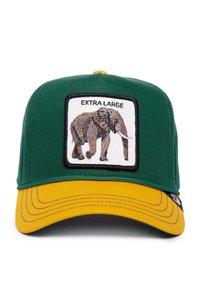 Gorra de béisbol verde con visera amarilla, con un elefante bordado en un parche blanco y el texto "EXTRA GRANDE" encima.