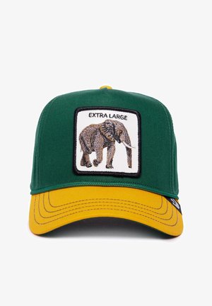 Gorra de béisbol verde con visera amarilla, con un elefante bordado en un parche blanco y el texto "EXTRA GRANDE" encima.