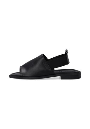 Černá kožená sandálová obuv s otevřenou špičkou, elastickým páskem a plochou gumovou podšívkou. Hladký povrch a minimalistický design.
