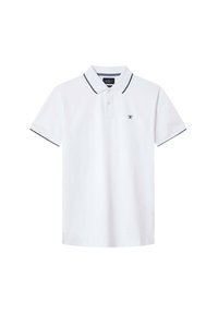 Polo bianco in cotone con pattina a due bottoni, rifiniture blu navale sul colletto e sulle maniche, e un piccolo logo ricamato sul petto.
