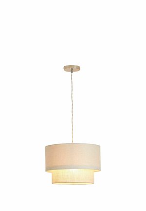 Suspended beige fabric drum lampshade light with a smaller inner shade, hanging from a twisted cord and round ceiling mount.