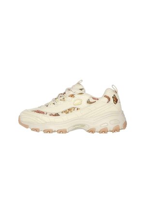 Kremowy sneaker z kwiatowymi i motylkowymi wzorami, grubą podeszwą, pętelkami na pięcie i języku oraz zapięciem na sznurowadła.