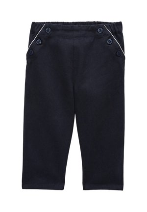 Pantalon pour tout-petit bleu marine avec six boutons près de la taille et des détails de passepoil blanc en angle sur les poches avant.