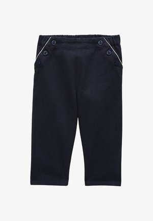 Pantalon pour tout-petit bleu marine avec six boutons près de la taille et des détails de passepoil blanc en angle sur les poches avant.