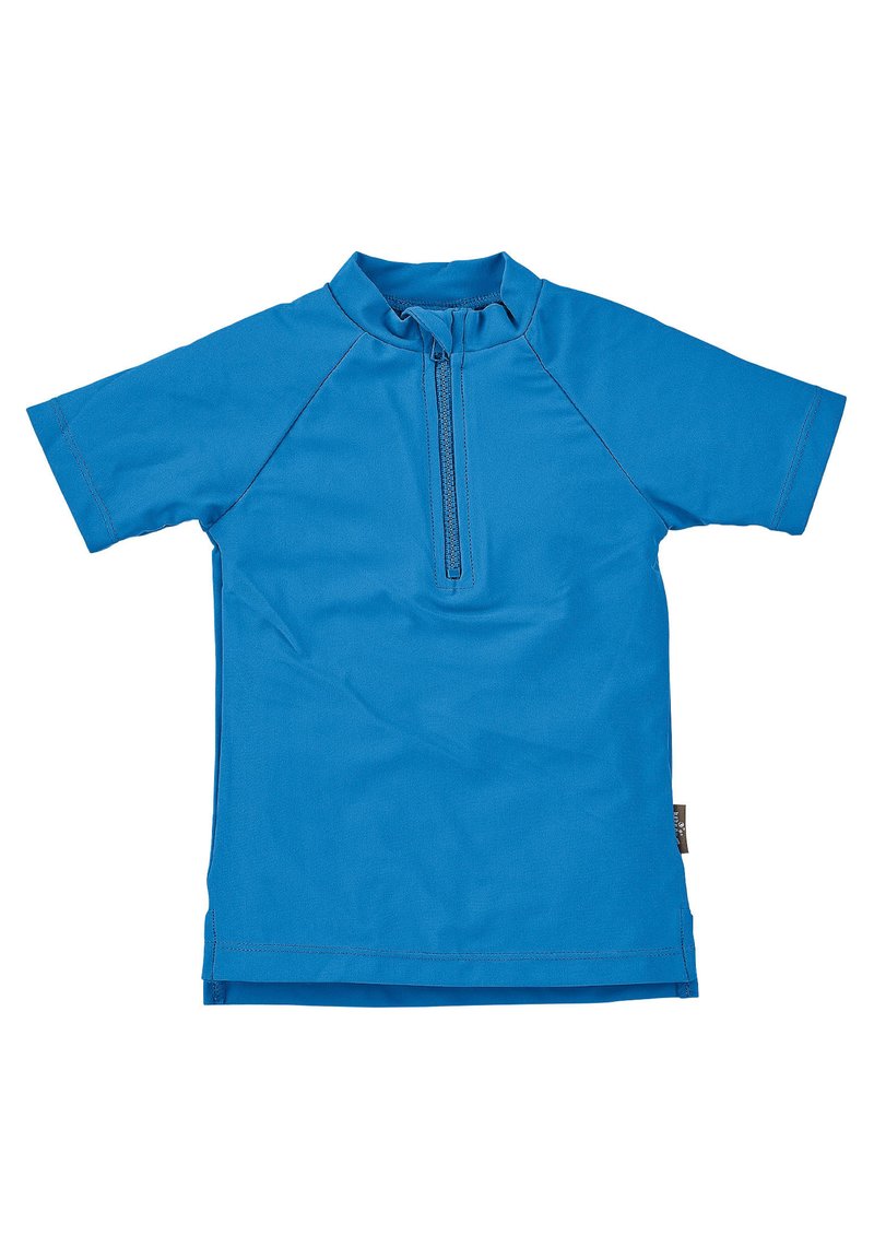 Short-sleeve rash guard, bright blue, made of stretchy fabric, with a high collar and a short front zipper for easy wear.