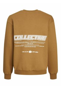 Sudadera marrón con texto blanco. Presenta un cuello redondo, puños acanalados y dobladillo. Incluye gráficos en negrita y un icono de globo.
