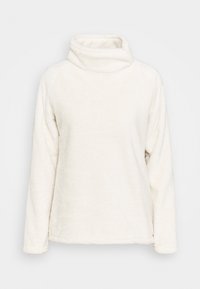 Cremefarbener Pullover mit hohem Kragen, aus weichem Fleece-Material gefertigt. Verfügt über lange Ärmel und einen lockeren Schnitt. Glatte Textur, minimales Design.