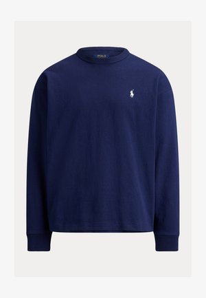 Tengerészkék hosszú ujjú, kerek nyakú póló, bal mellrészen fehér hímzett pólójátékos logóval és bordázott passzékkal.