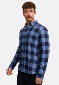 Blauwe en marineblauwe geruite shirt met een button-down kraag, lange mouwen en een gebogen zoom, met een klein logo op de borst.
