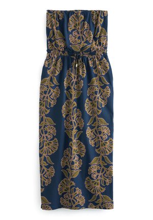 Robe bustier bleu marine avec motif floral doré et vert olive, taille élastique et lien à nouer à la taille.