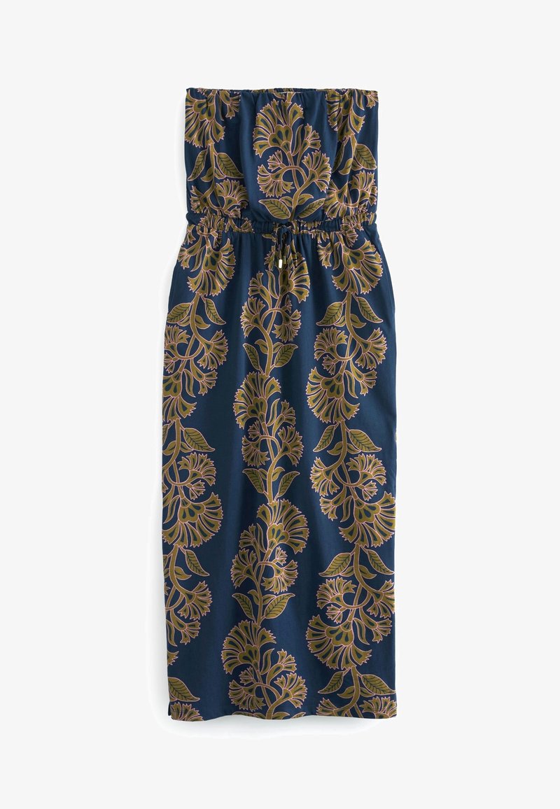 Robe bustier bleu marine avec motif floral doré et vert olive, taille élastique et lien à nouer à la taille.