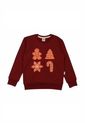 Rotes Baumwoll-Sweatshirt mit langen Ärmeln, verziert mit orangen, weihnachtlichen Applikationen: Lebkuchenmann, Weihnachtsbaum, Schneeflocke und Zuckerstange.