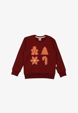 Rotes Baumwoll-Sweatshirt mit langen Ärmeln, verziert mit orangen, weihnachtlichen Applikationen: Lebkuchenmann, Weihnachtsbaum, Schneeflocke und Zuckerstange.