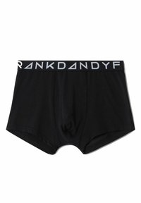 Zwarte boxershorts voor heren met een effen ontwerp, voorzien van een brede elastische tailleband bedrukt met "RANKDANDYF" in het wit.