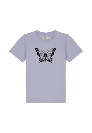 Hellviolettes T-Shirt mit kurzen Ärmeln und schwarzem Schmetterlingsmotiv mit Details, mittig auf der Brust, Rundhalsausschnitt, für Kinder.